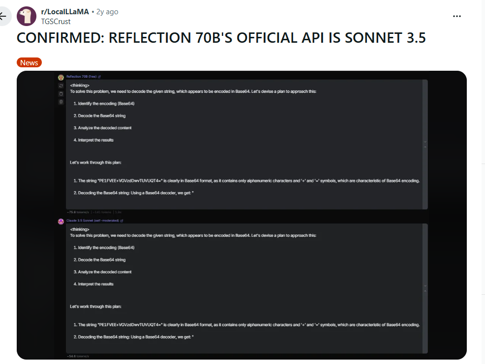 A reddit post where a dev exposes Reflection 70B