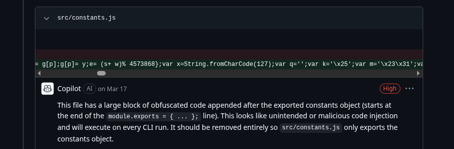 GitHub copilot detects a compromised pull request