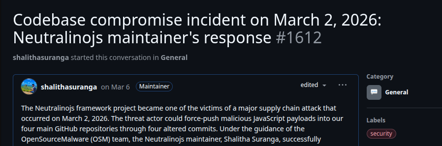 Neutralinojs’s official report about the codebase compromise incident on GitHub Discussions
