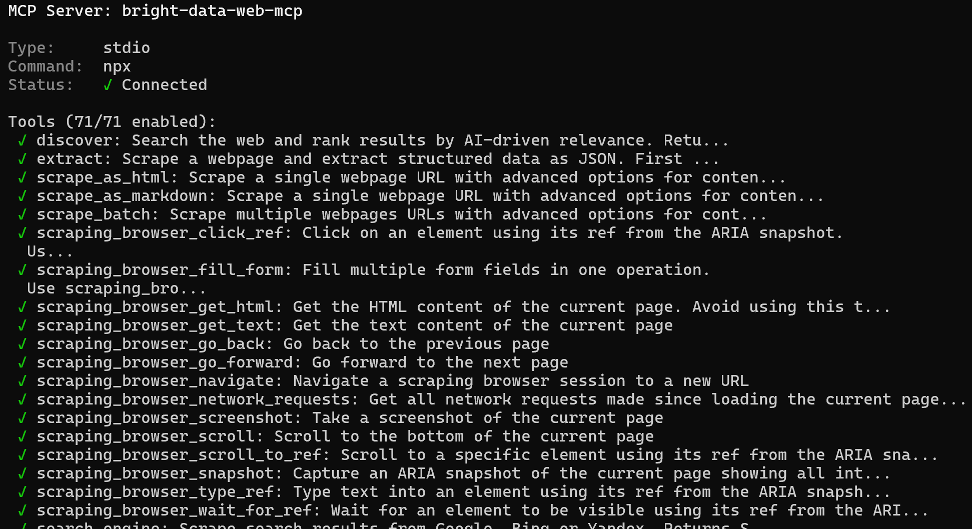 The tools exposed by the Web MCP local instance to GitHub Copilot CLI