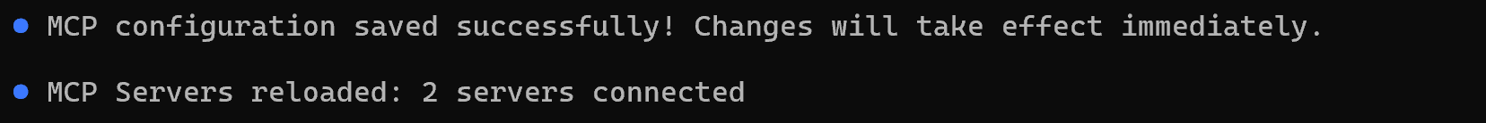 The messages confirming that the CLI is now connected to the Web MCP