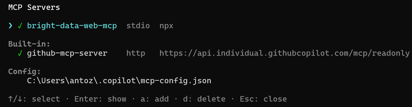Selecting the “bright-data-web-mcp” option