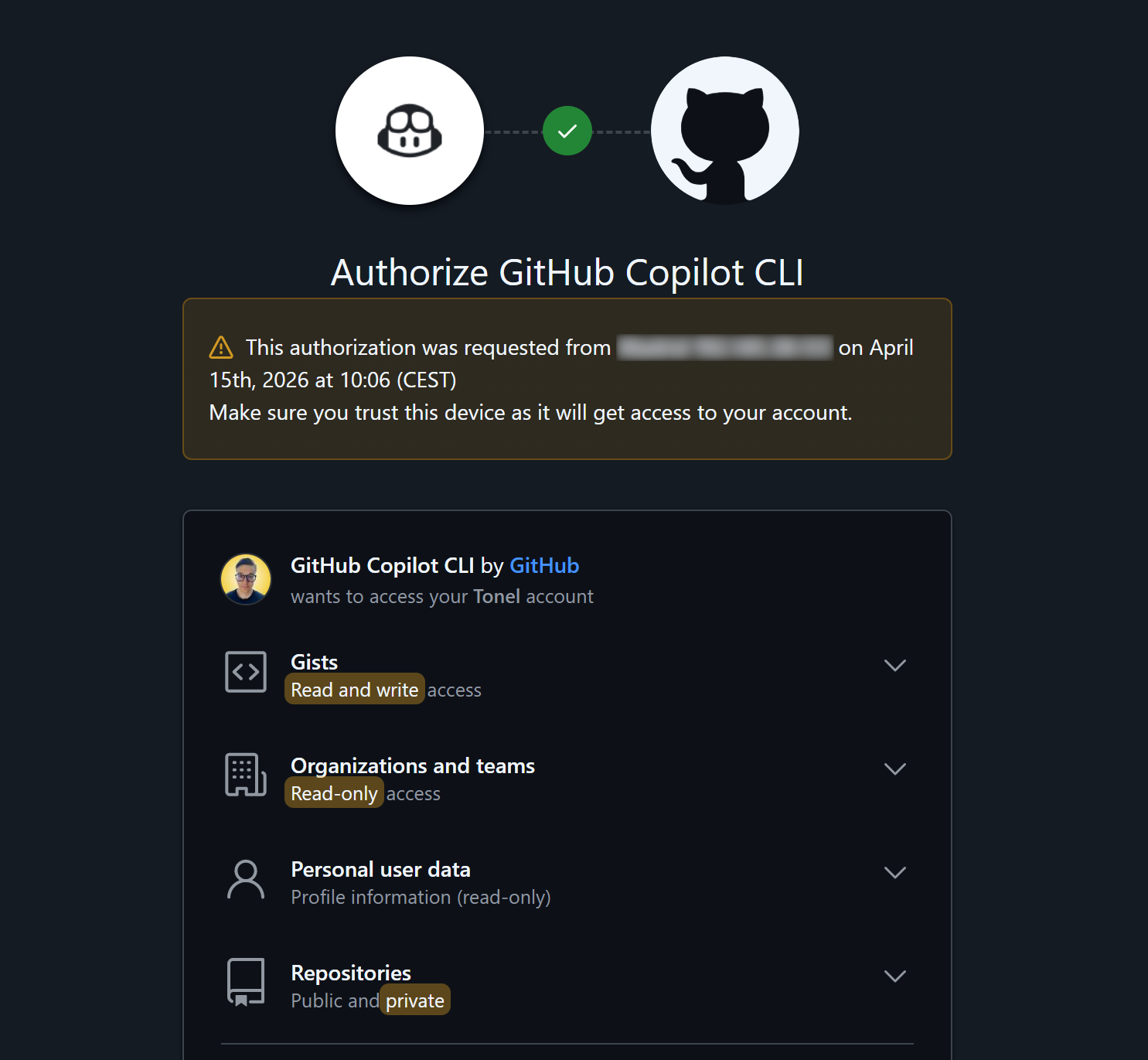 Authorizing GitHub Copilot CLI in your GitHub account