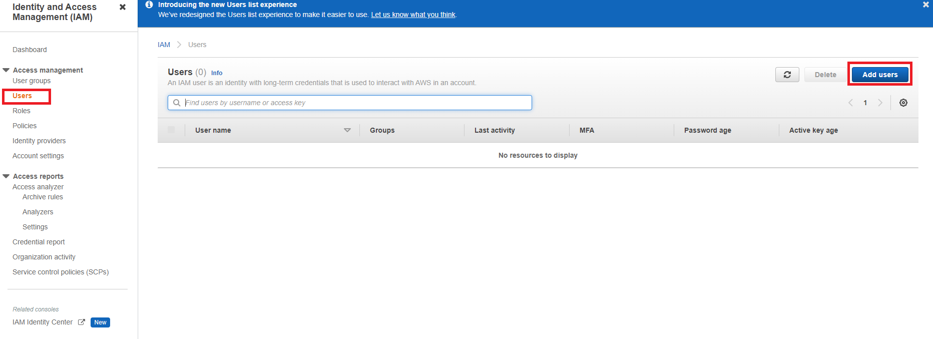 Select Add users in Users IAM Console