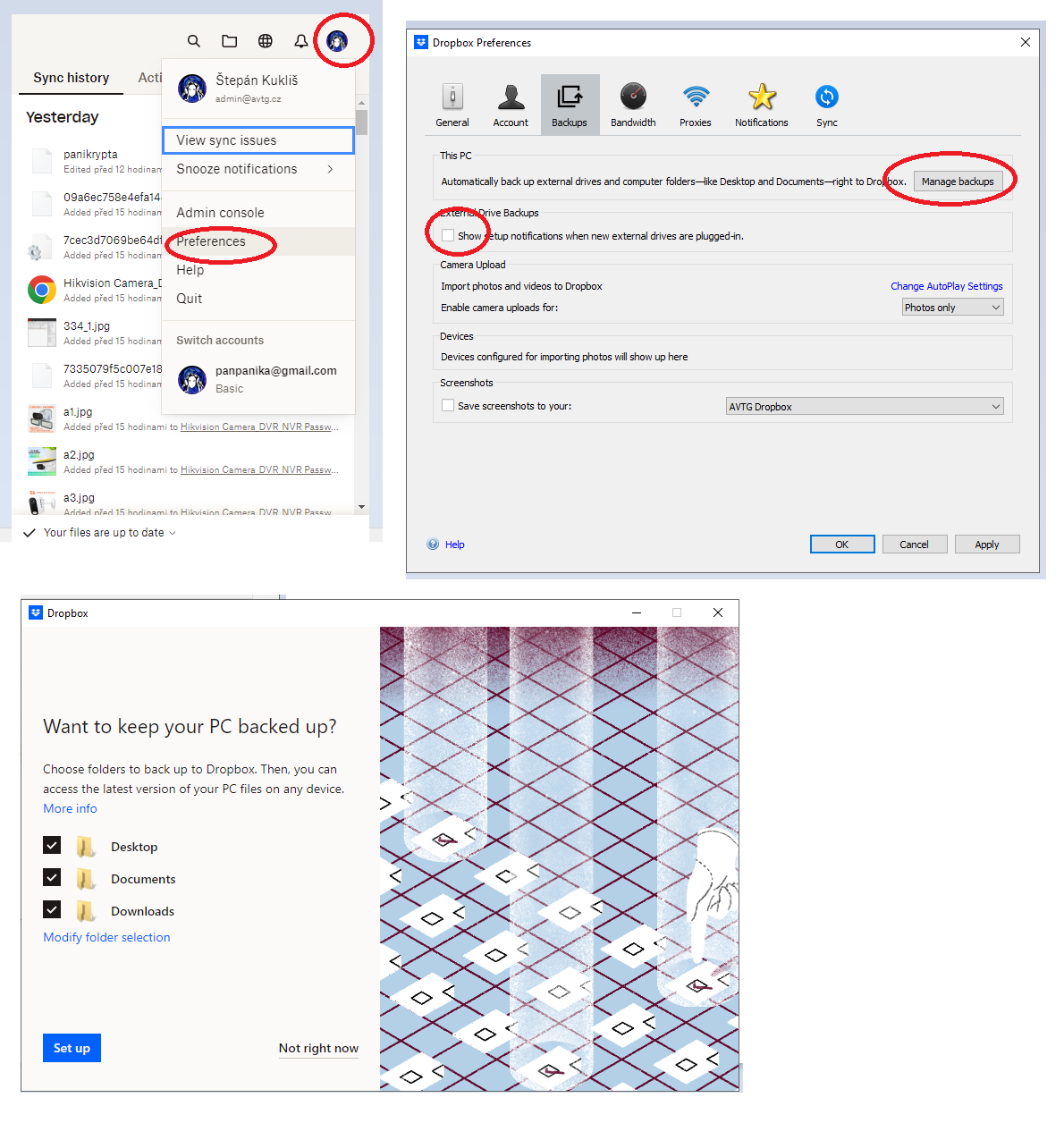 automatická záloha plochy, dokumentů a stažených do Dropboxu