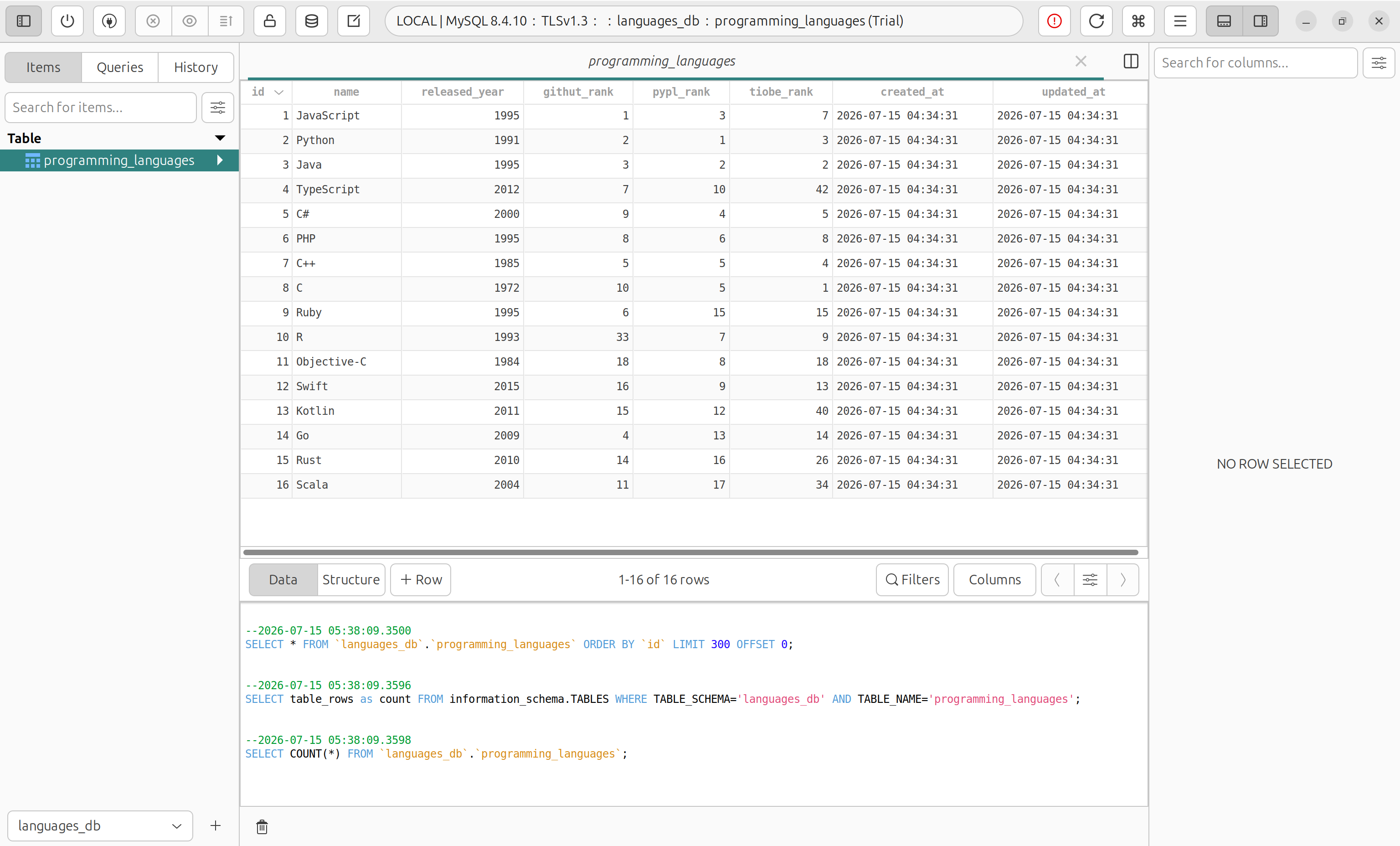 Programming Languages Table With Rows Added