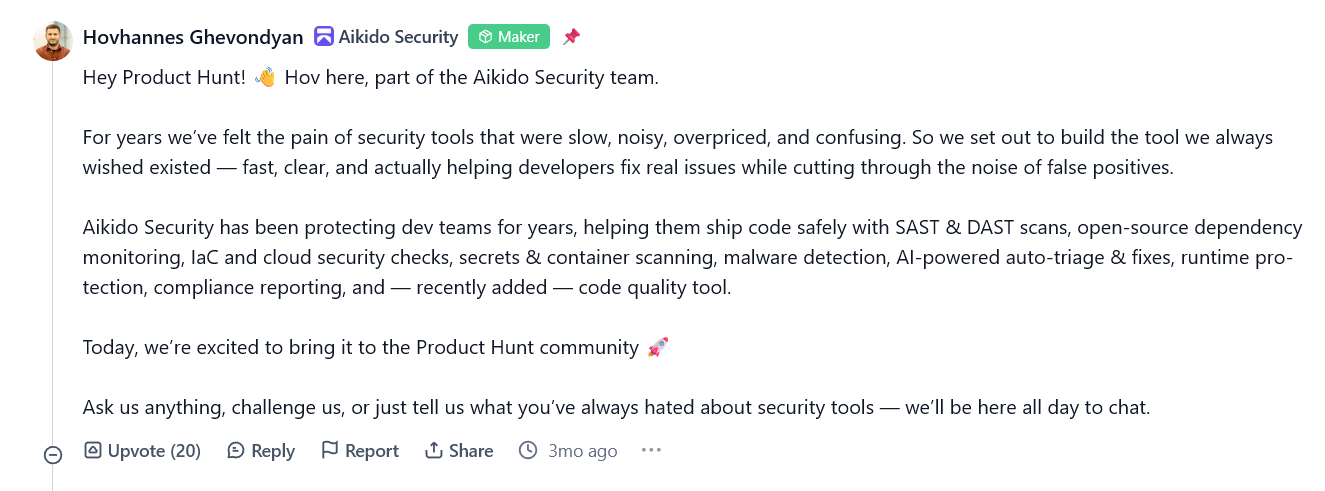 Maker comment of Aikido Security